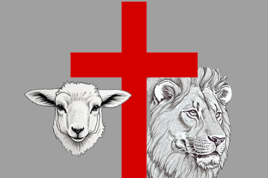 A blood-red cross with a lamb on the left and a lion on the right